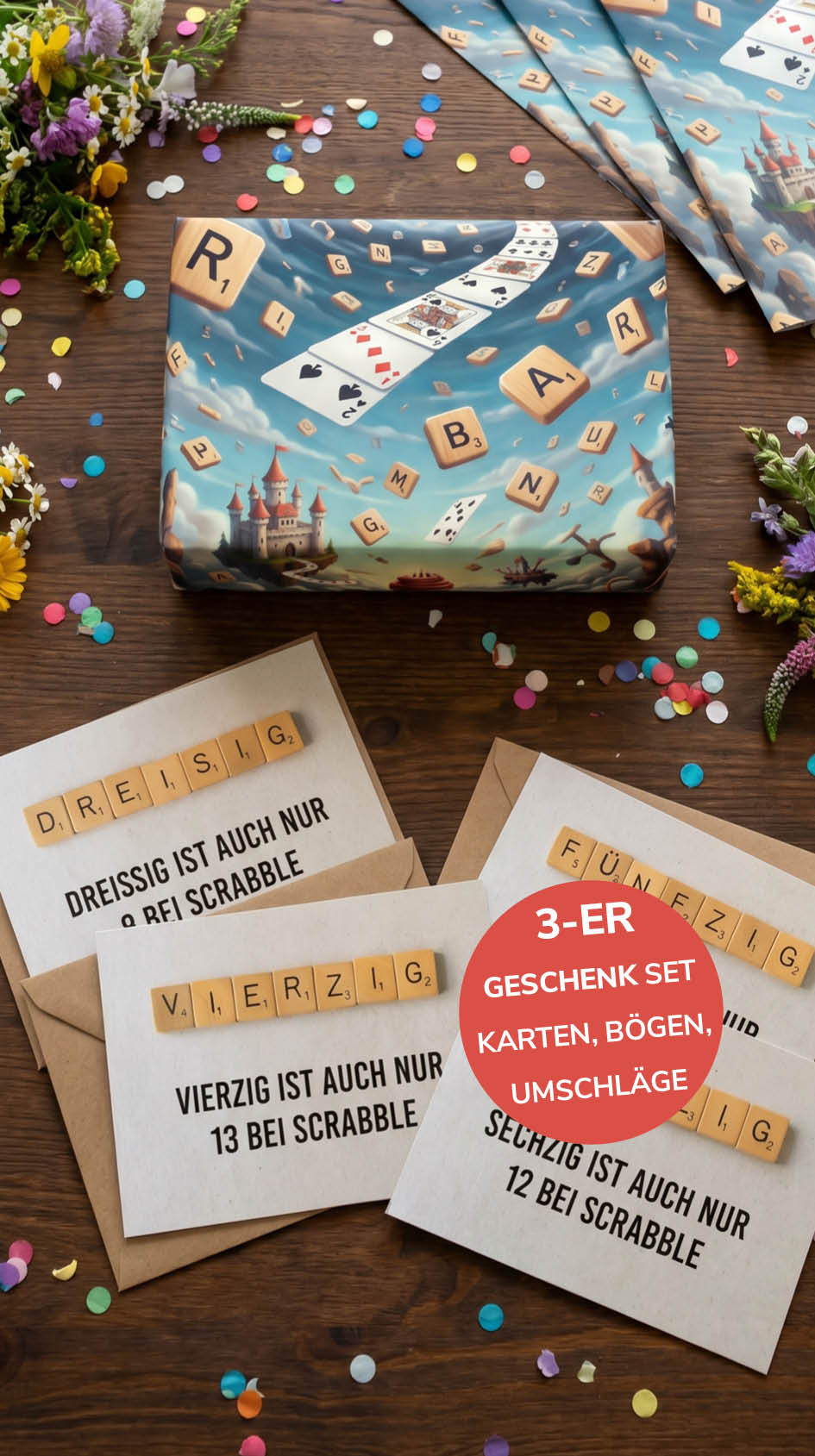 Geschenkpapier 3er Set Scrabble, Geschenkverpackung DIN A2; Geburtstagskarte mit Umschlag braun